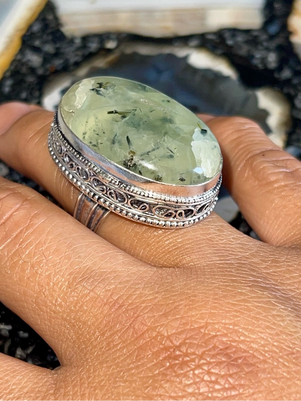 Green Prehnite Ring Size 8 1/4